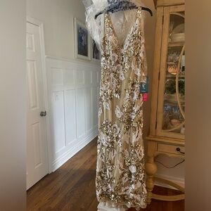 Mac Duggal  size 10, never worn, nude with gold & white sequins and beads